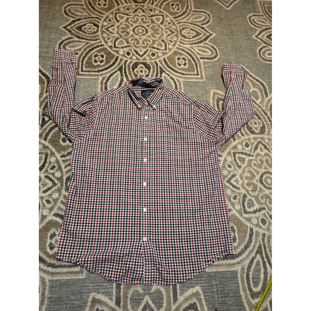 St Johns Bay Mens Large Classic Fit Gingham Button Down Shirt Red Navy Cotton